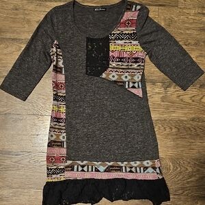 Mechant Heather Gray Dress Lacy Bohemian Small Women 3/4 Sleeve